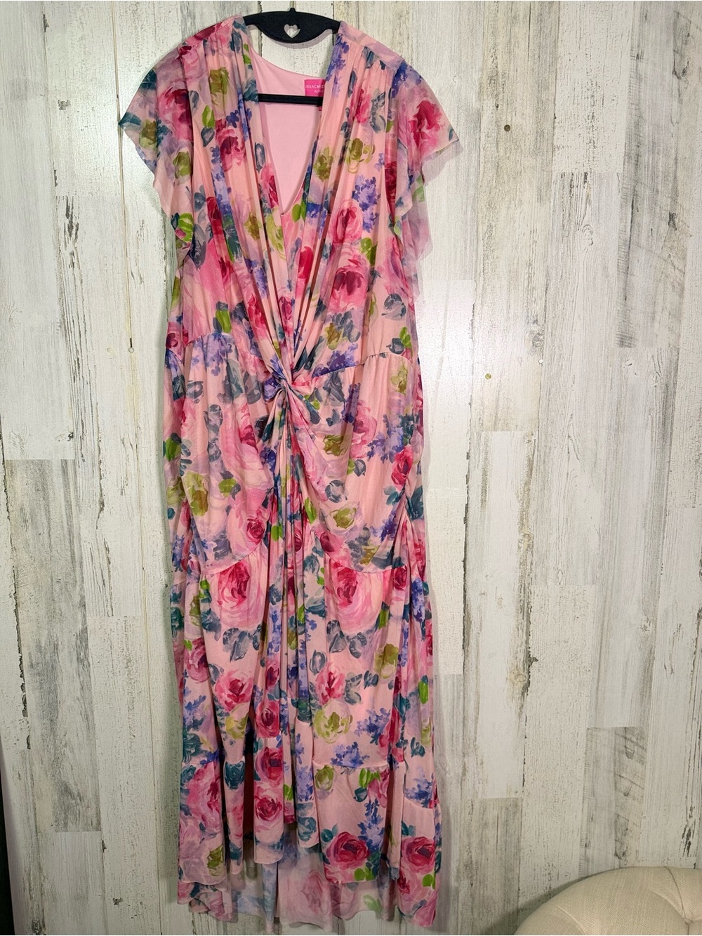 Isaac Mizrahi Live Always Pink Floral Mesh Twist Front Midi Dress 2XP